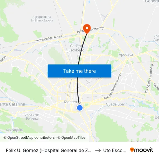 Félix U. Gómez (Hospital General de Zona  No. 33) to Ute Escobedo map