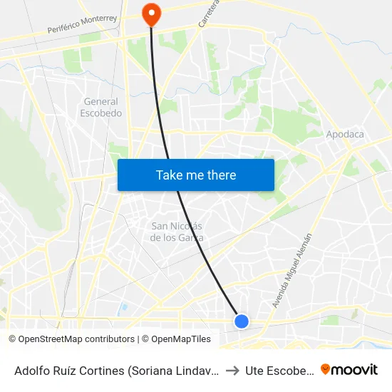 Adolfo Ruíz Cortines (Soriana Lindavista) to Ute Escobedo map