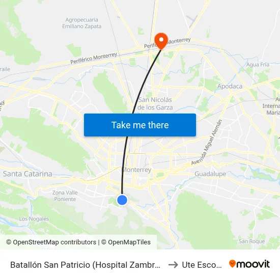 Batallón San Patricio (Hospital Zambrano Hellion) to Ute Escobedo map