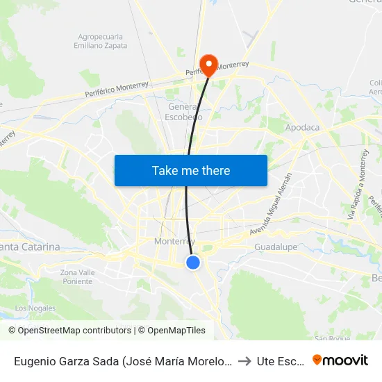 Eugenio Garza Sada (José María Morelos - Juventino Rosas) to Ute Escobedo map