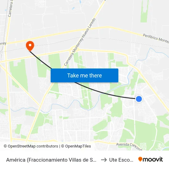 América (Fraccionamiento Villas de Santa Rosa) to Ute Escobedo map