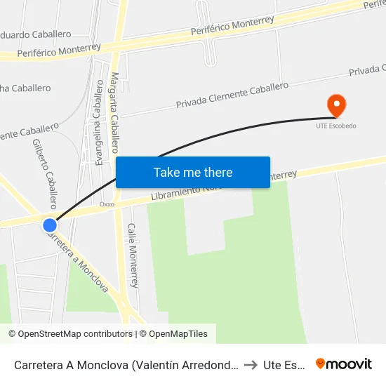 Carretera A Monclova (Valentín Arredondo - Libramiento Noroeste) to Ute Escobedo map