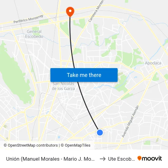 Unión (Manuel Morales - Mario J. Montemayor) to Ute Escobedo map