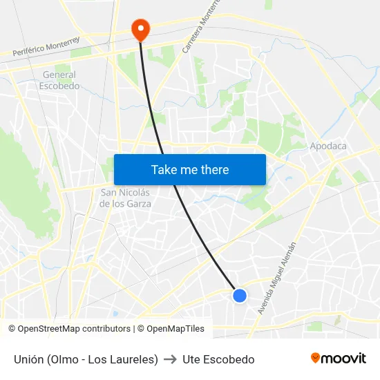 Unión (Olmo - Los Laureles) to Ute Escobedo map