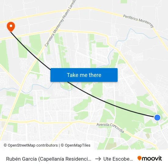 Rubén García (Capellanía Residencial) to Ute Escobedo map