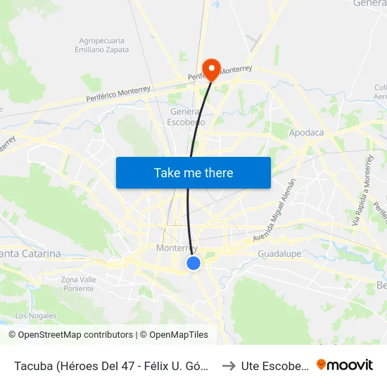 Tacuba (Héroes Del 47 - Félix U. Gómez) to Ute Escobedo map