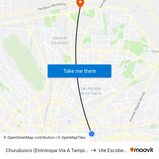 Churubusco (Entronque Vía A Tampico) to Ute Escobedo map