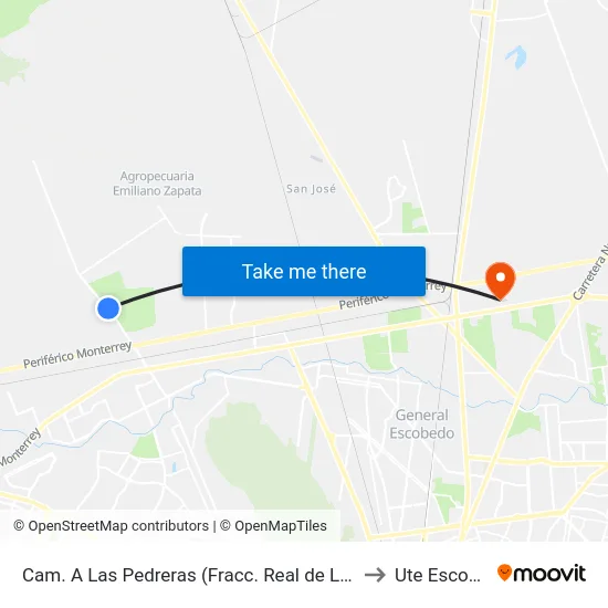 Cam. A Las Pedreras (Fracc. Real de Los Agaves) to Ute Escobedo map