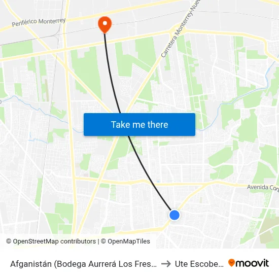 Afganistán (Bodega Aurrerá Los Fresnos) to Ute Escobedo map