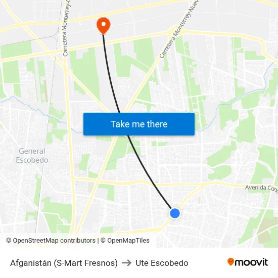 Afganistán (S-Mart Fresnos) to Ute Escobedo map