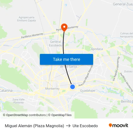 Miguel Alemán (Plaza Magnolia) to Ute Escobedo map