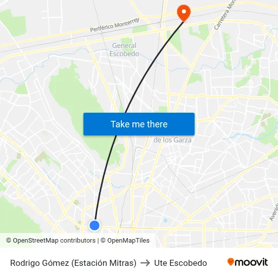 Rodrigo Gómez (Estación Mitras) to Ute Escobedo map