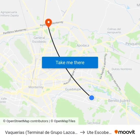 Vaquerías (Terminal de Grupo Lazcano) to Ute Escobedo map