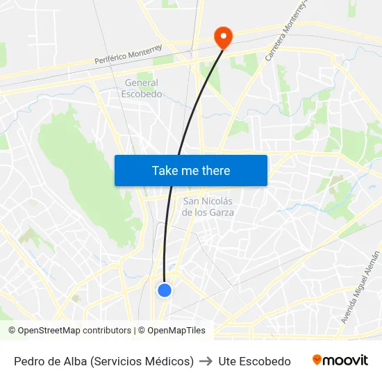 Pedro de Alba (Servicios Médicos) to Ute Escobedo map
