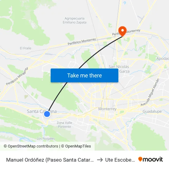 Manuel Ordóñez (Paseo Santa Catarina) to Ute Escobedo map