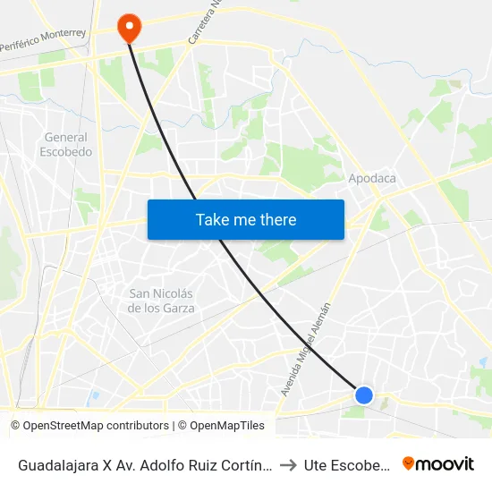 Guadalajara X Av. Adolfo Ruiz Cortínes to Ute Escobedo map