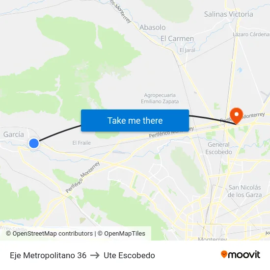 Eje Metropolitano 36 to Ute Escobedo map