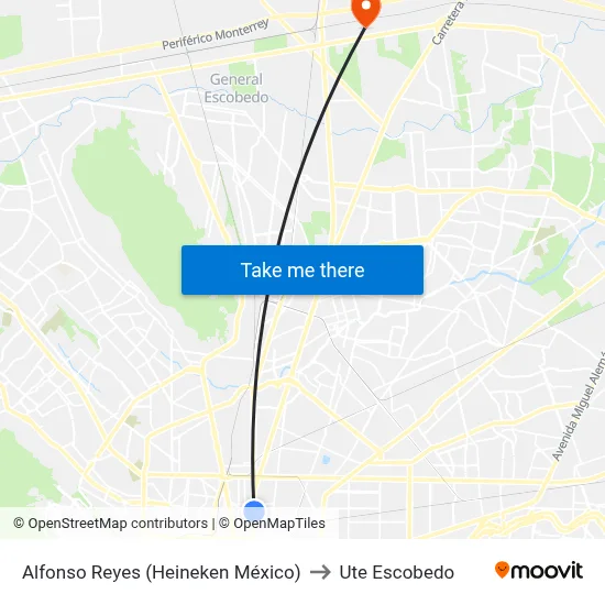 Alfonso Reyes (Heineken México) to Ute Escobedo map