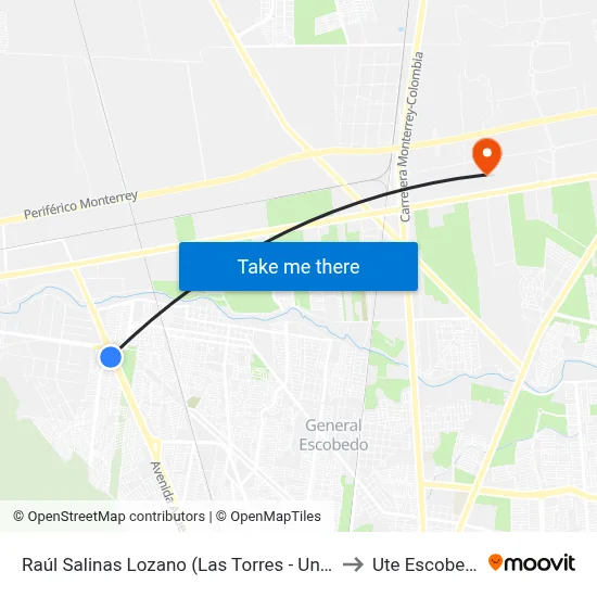 Raúl Salinas Lozano (Las Torres - Unión) to Ute Escobedo map