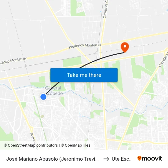 José Mariano Abasolo (Jerónimo Treviño - Serafín Peña) to Ute Escobedo map