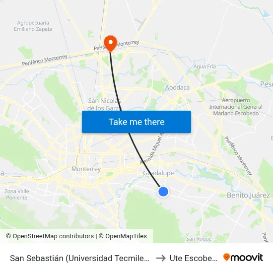 San Sebastián (Universidad Tecmilenio) to Ute Escobedo map