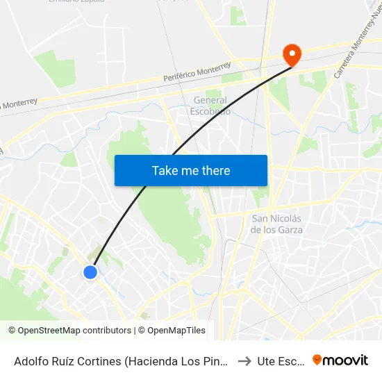 Adolfo Ruíz Cortines (Hacienda Los Pinos - Seguridad Social) to Ute Escobedo map