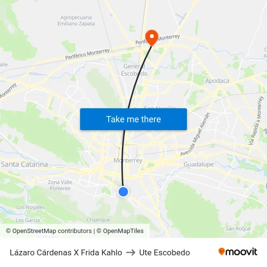 Lázaro Cárdenas X Frida Kahlo to Ute Escobedo map
