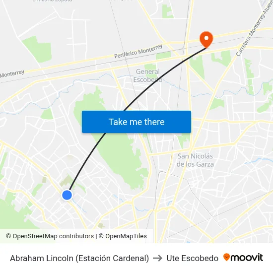Abraham Lincoln (Estación Cardenal) to Ute Escobedo map
