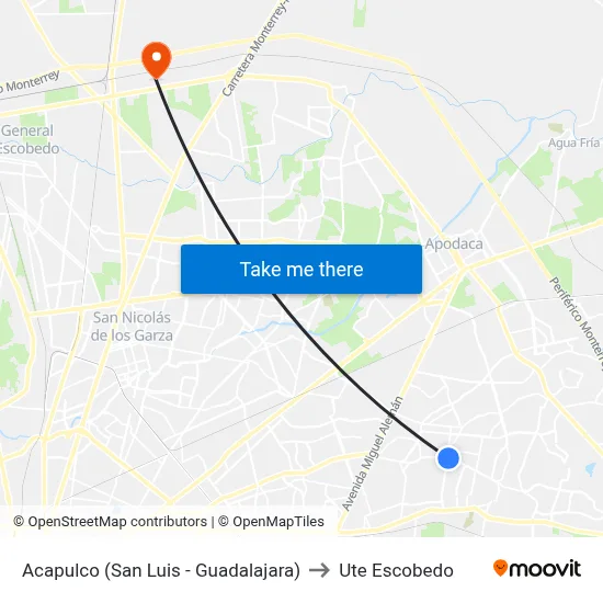 Acapulco (San Luis - Guadalajara) to Ute Escobedo map