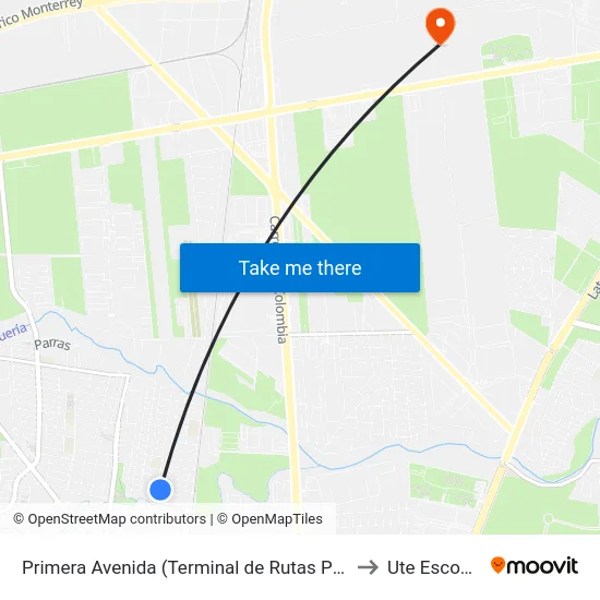 Primera Avenida (Terminal de Rutas Perifericas) to Ute Escobedo map