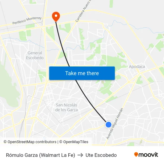 Rómulo Garza (Walmart La Fe) to Ute Escobedo map