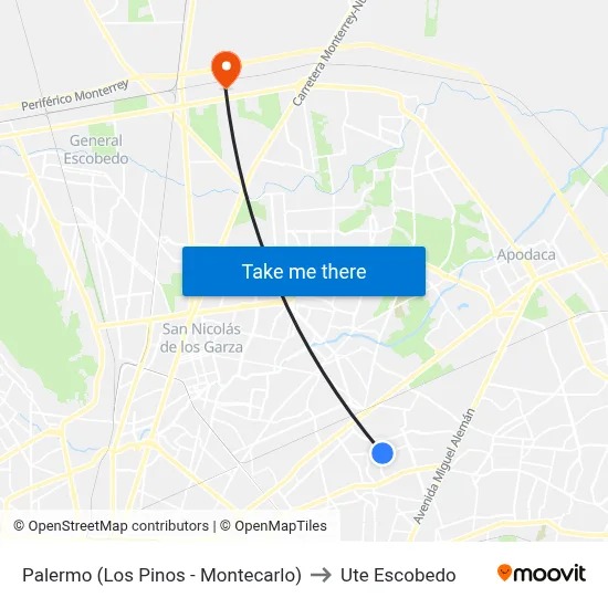 Palermo (Los Pinos - Montecarlo) to Ute Escobedo map