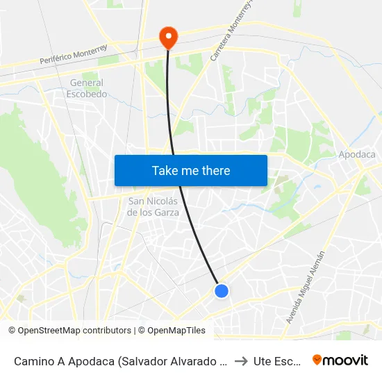 Camino A Apodaca (Salvador Alvarado - Ejército Const.) to Ute Escobedo map