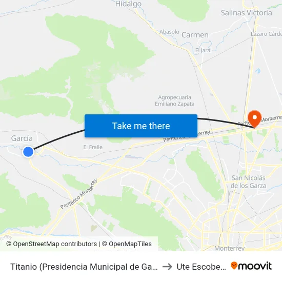 Titanio (Presidencia Municipal de García) to Ute Escobedo map