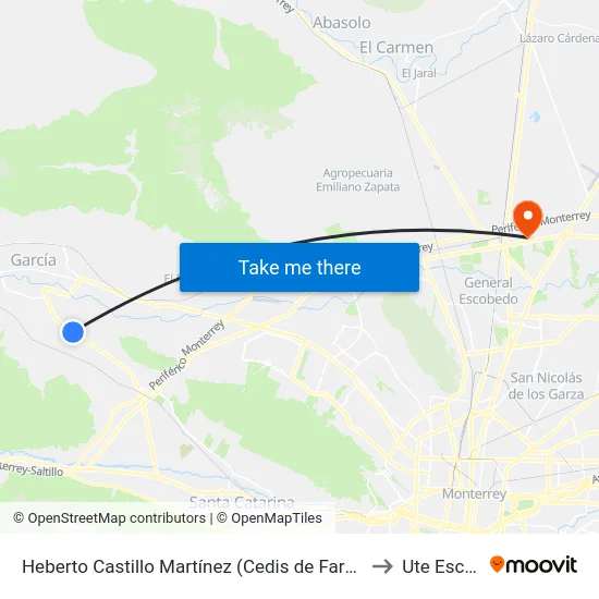 Heberto Castillo Martínez (Cedis de Farmacias Guadalajara) to Ute Escobedo map