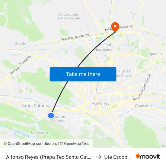 Alfonso Reyes (Prepa Tec Santa Catarina) to Ute Escobedo map