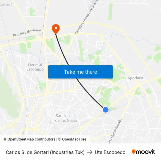 Carlos S. de Gortari (Industrias Tuk) to Ute Escobedo map