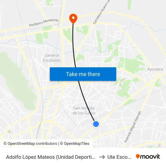 Adolfo López Mateos (Unidad Deportiva Oriente) to Ute Escobedo map