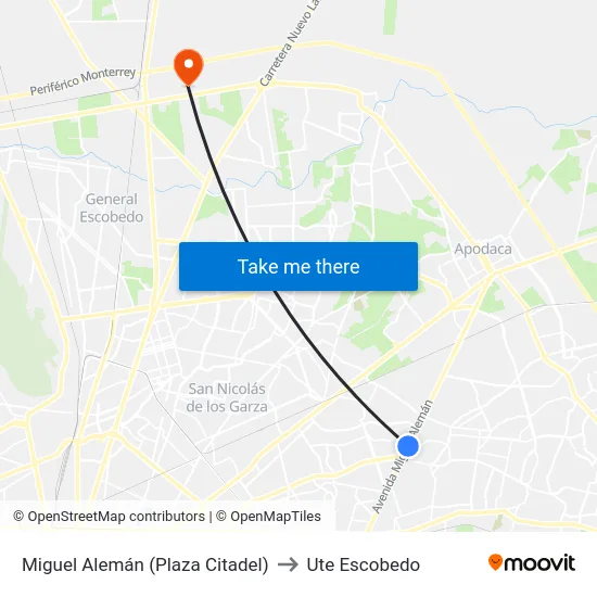 Miguel Alemán (Plaza Citadel) to Ute Escobedo map