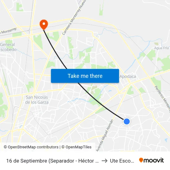 16 de Septiembre (Separador - Héctor Caballero) to Ute Escobedo map
