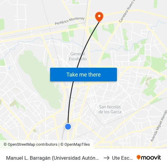 Manuel L. Barragán (Universidad Autónoma de Nuevo León) to Ute Escobedo map