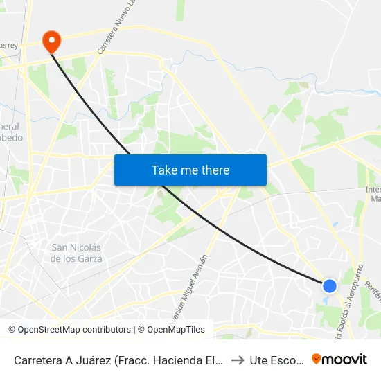 Carretera A Juárez (Fracc. Hacienda El Campanario) to Ute Escobedo map