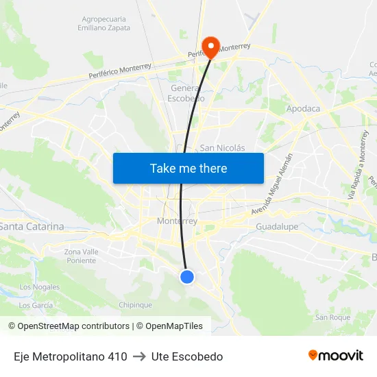 Eje Metropolitano 410 to Ute Escobedo map