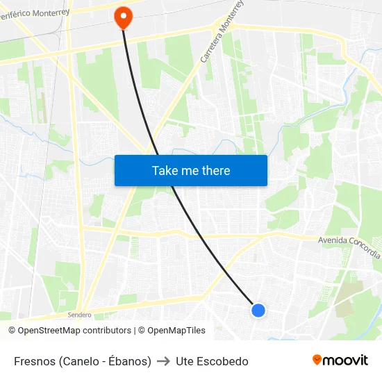 Fresnos (Canelo - Ébanos) to Ute Escobedo map