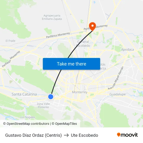 Gustavo Díaz Ordaz (Centris) to Ute Escobedo map