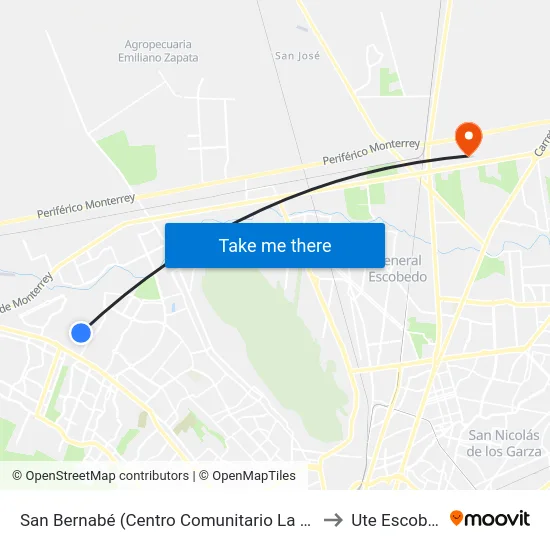 San Bernabé (Centro Comunitario La Alianza) to Ute Escobedo map