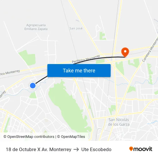 18 de Octubre X Av. Monterrey to Ute Escobedo map