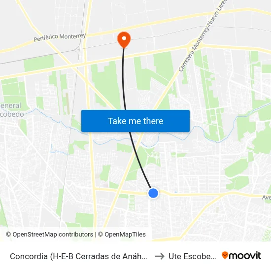Concordia (H-E-B Cerradas de Anáhuac) to Ute Escobedo map