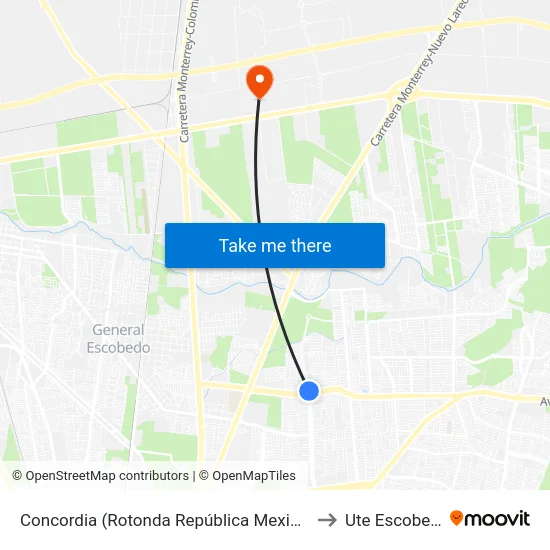 Concordia (Rotonda República Mexicana) to Ute Escobedo map