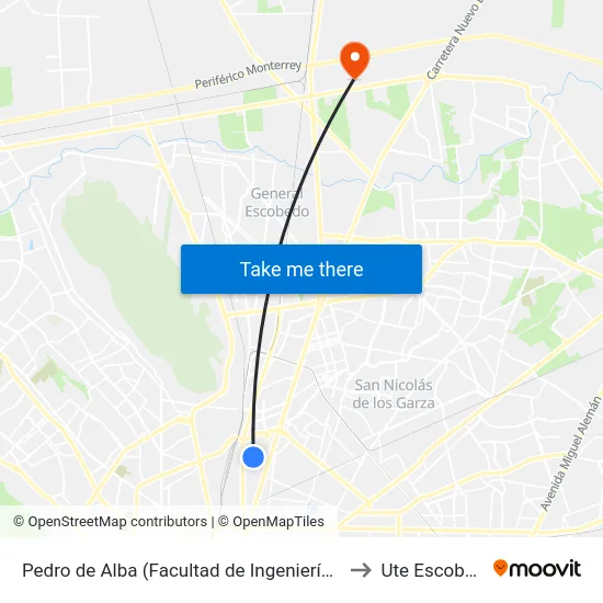 Pedro de Alba (Facultad de Ingeniería Civil) to Ute Escobedo map